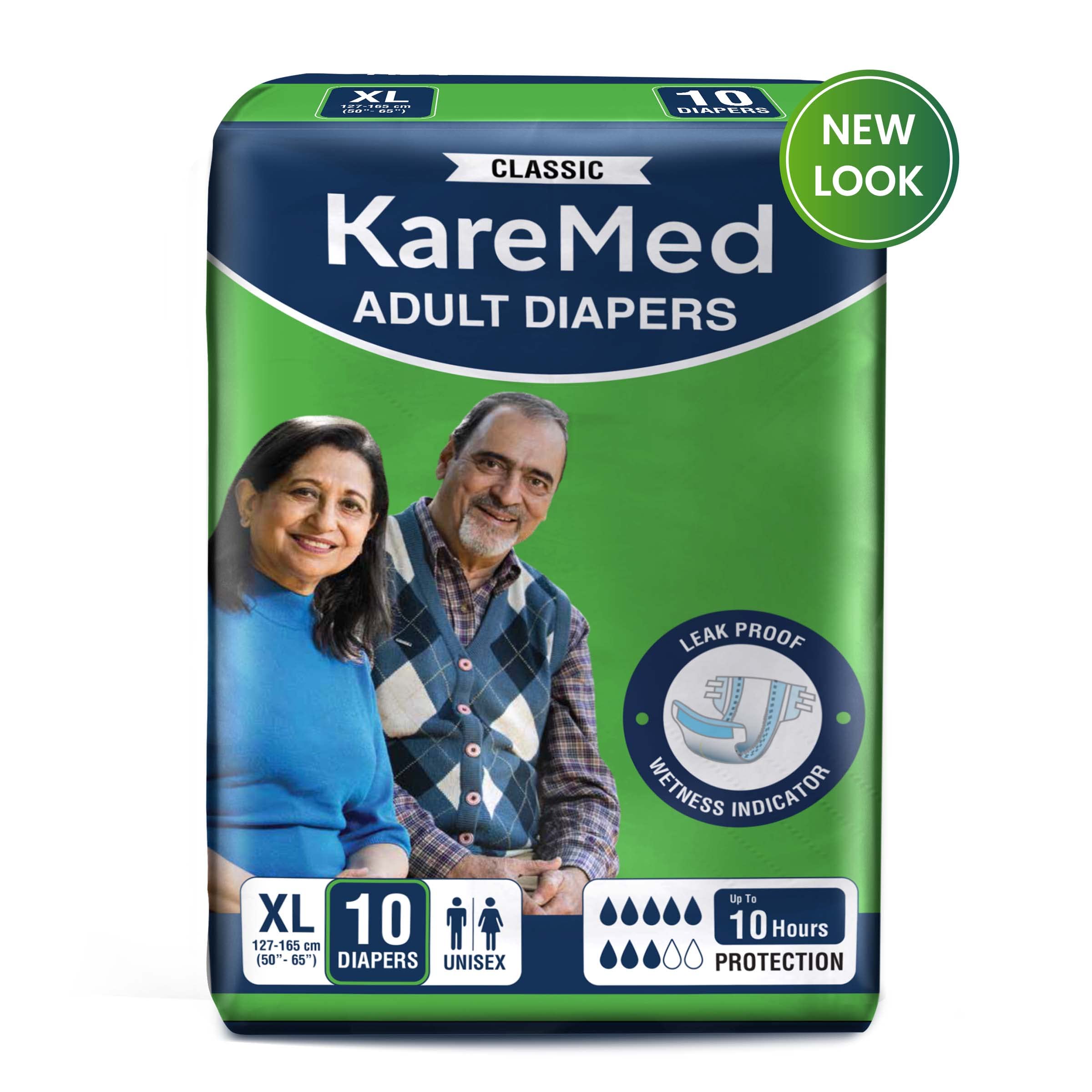 KareInKareMed Classic Adult Diapers, Extra Large, Waist Size 127-165 Cm (50"-65"), Tape Style, Unisex, High Absorbency, Leak Proof, Wetness Indicator, 10 Count