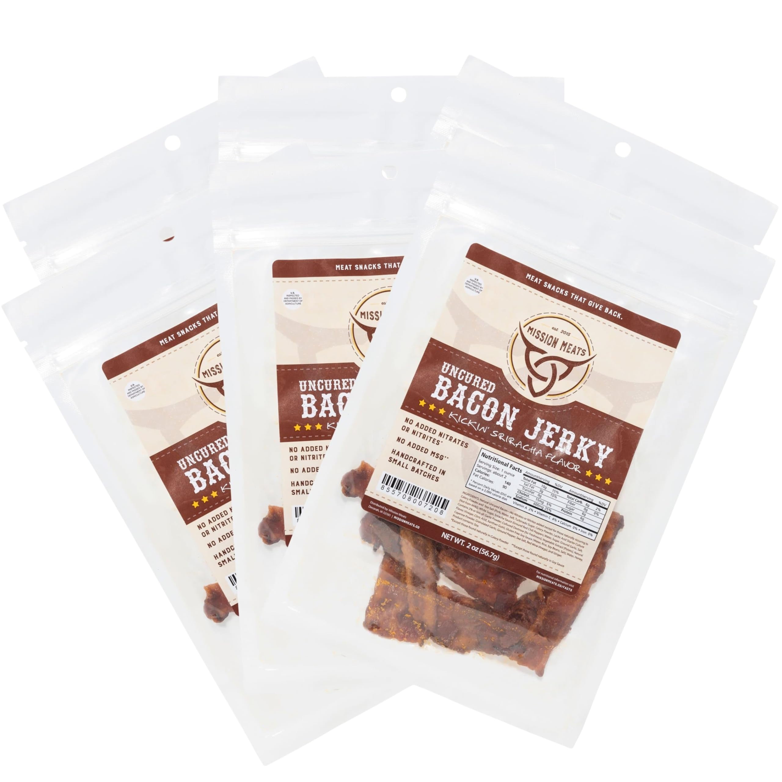 Mission Meats Candied Bacon Jerky (Sriracha) – The Perfect Delicious Savory & Sweet Snack, Bloody Mary Bar Supplies, Gift – Uncured, Small Batch, Gluten Free, 2oz (Pack of 6)