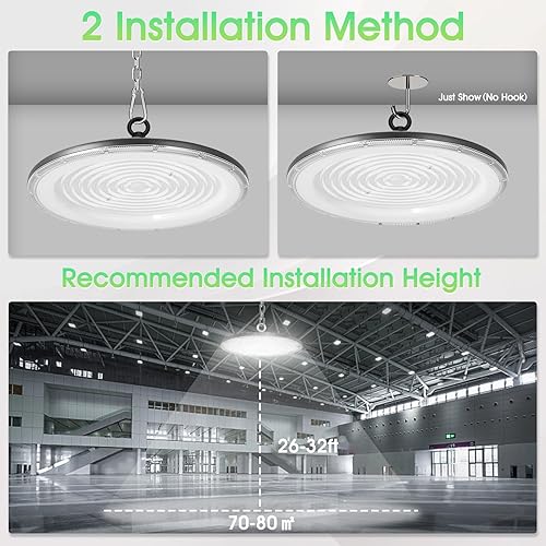 Miniatura 9 de Paquete de 20 luces LED UFO de 300 W 30000 LM de alta bahía, luz blanca de 6000 K, iluminación comercial de bahía con cadena colgante y enchufe,