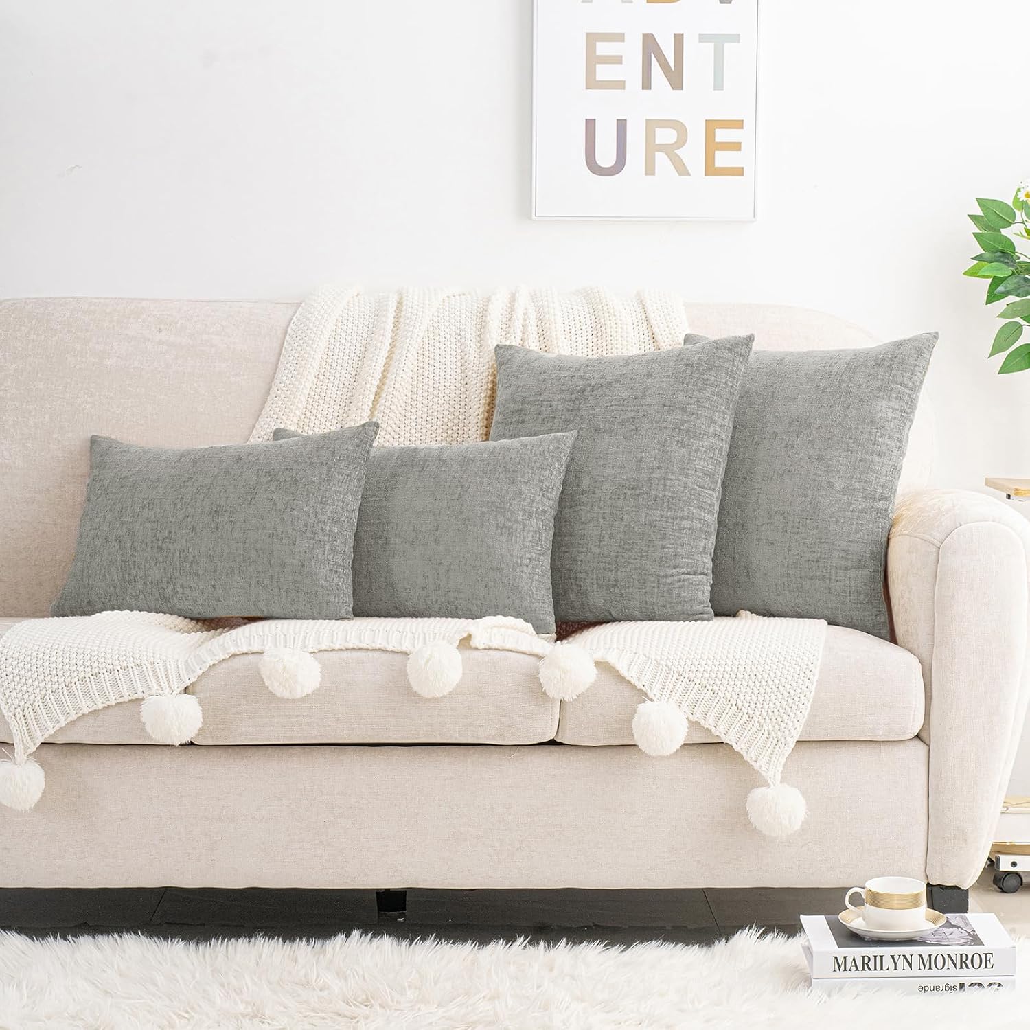 HWY 50 Gray Couch Pillow Covers 22x22 Inch Pack of 2, Soft Chenille Decorative Throw Pillow Cases Farmhouse for Sofa Living Room Bed