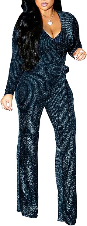 LightlyKiss Women's Casual Sexy V Neck Sparkly Jumpsuits Long Sleeve Glitter Cocktail Halloween Girl Jumper Suit
