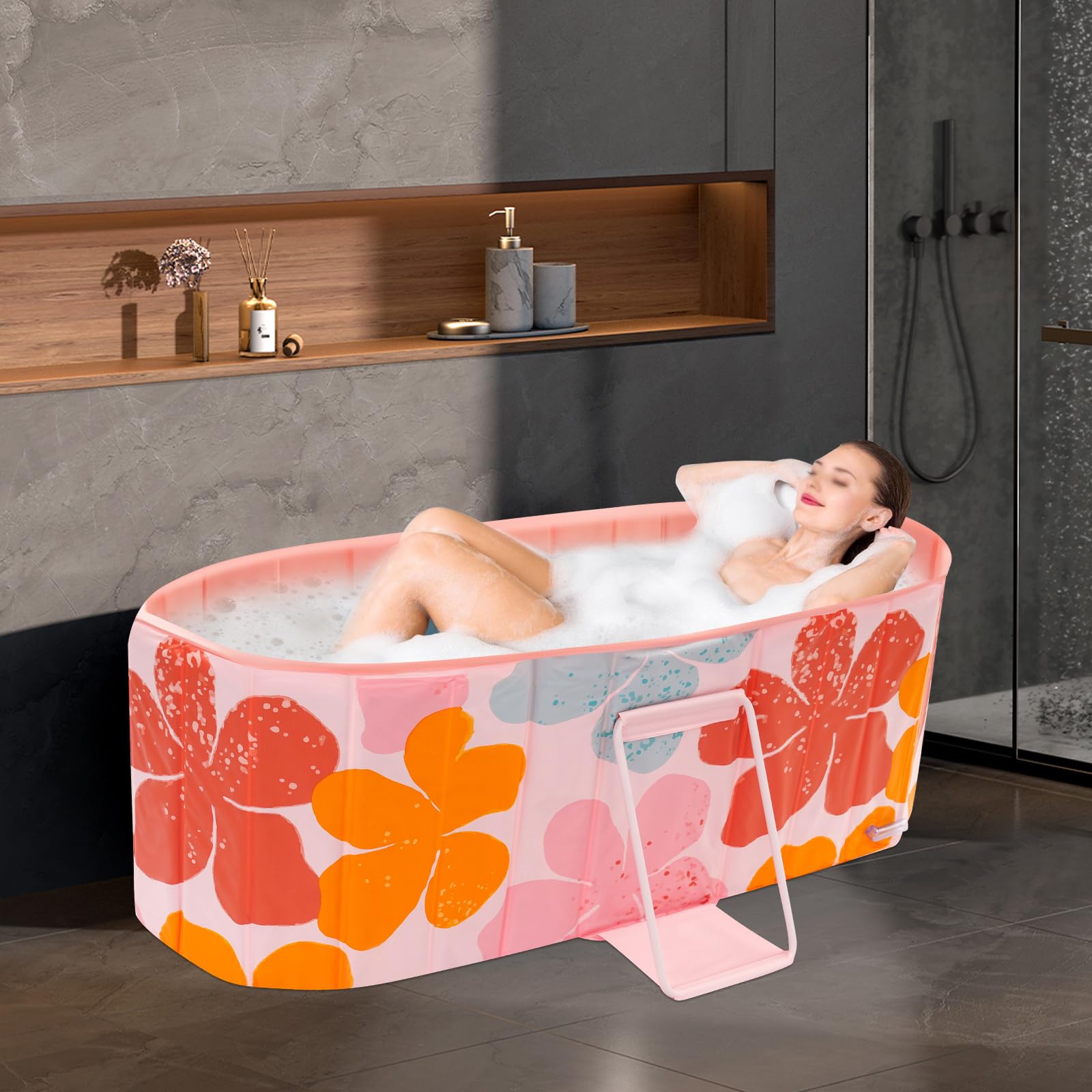 Składana wanna dla dorosłych, 150 x 55 x 50 cm, przenośna wanna spa z 2 otworami odpływowymi, mobilna wanna rodzinna, składana, bez montażu (kolor różowy)
