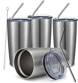 COMOOO 20oz Stainless Steel Tumbler Bulk Double Wall Vacuum Coffee Cup Insulated Travel Mug with Lid and Straw Durable Powder Coated Insulated Coffee Cup for Cold & Hot Drinks silver, 4 pack