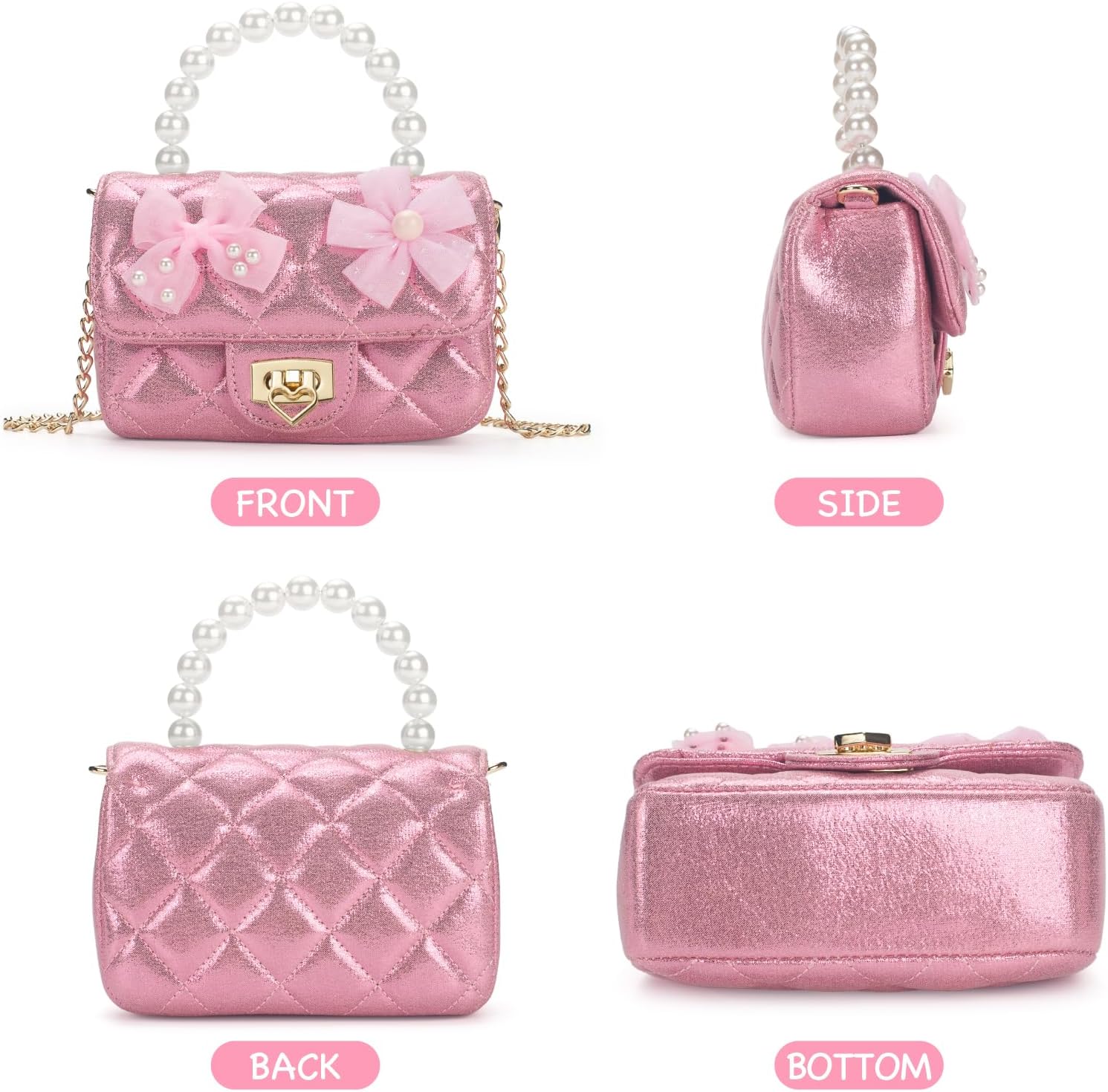 Kids Purse for Toddler, Pink Purse with Pearl Handle, Girls Crossbody Bag, Kids Handbag with Chain Strap, Birthday Gifts for Girls - Image 5