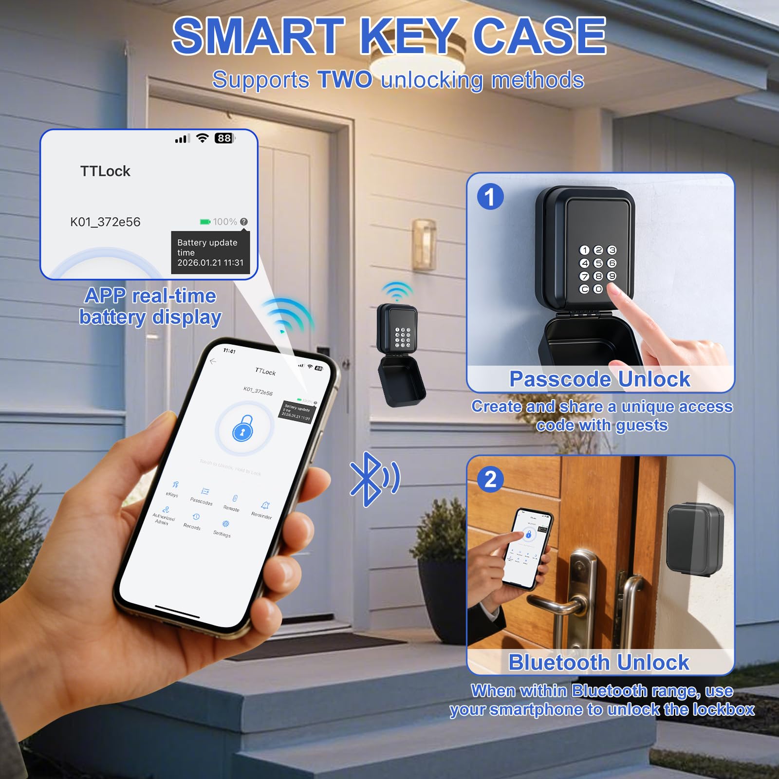 Cajetin Llaves con Codigo,Grande Caja Seguridad Llaves Exterior Impermeable Caja Fuerte Llaves,Smart Lock Box Bluetooth Compatible con Aplicación TTLock y Código Pin para Hogar Garaje Oficina