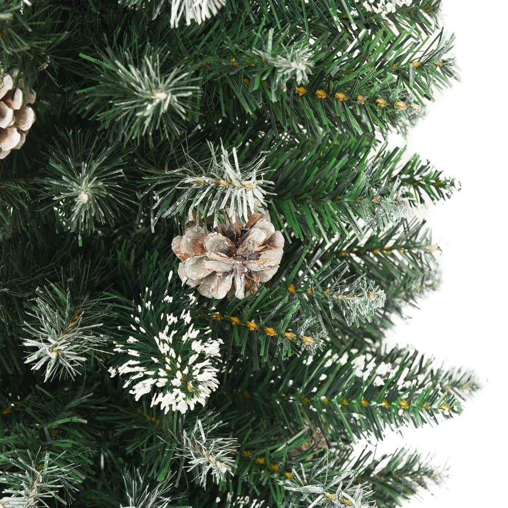 Árbol de Navidad artificial fino 120 cm, soporte de acero, verde y blanco, 183 puntas de PVC, 6 conos, nieve, ahorro de espacio