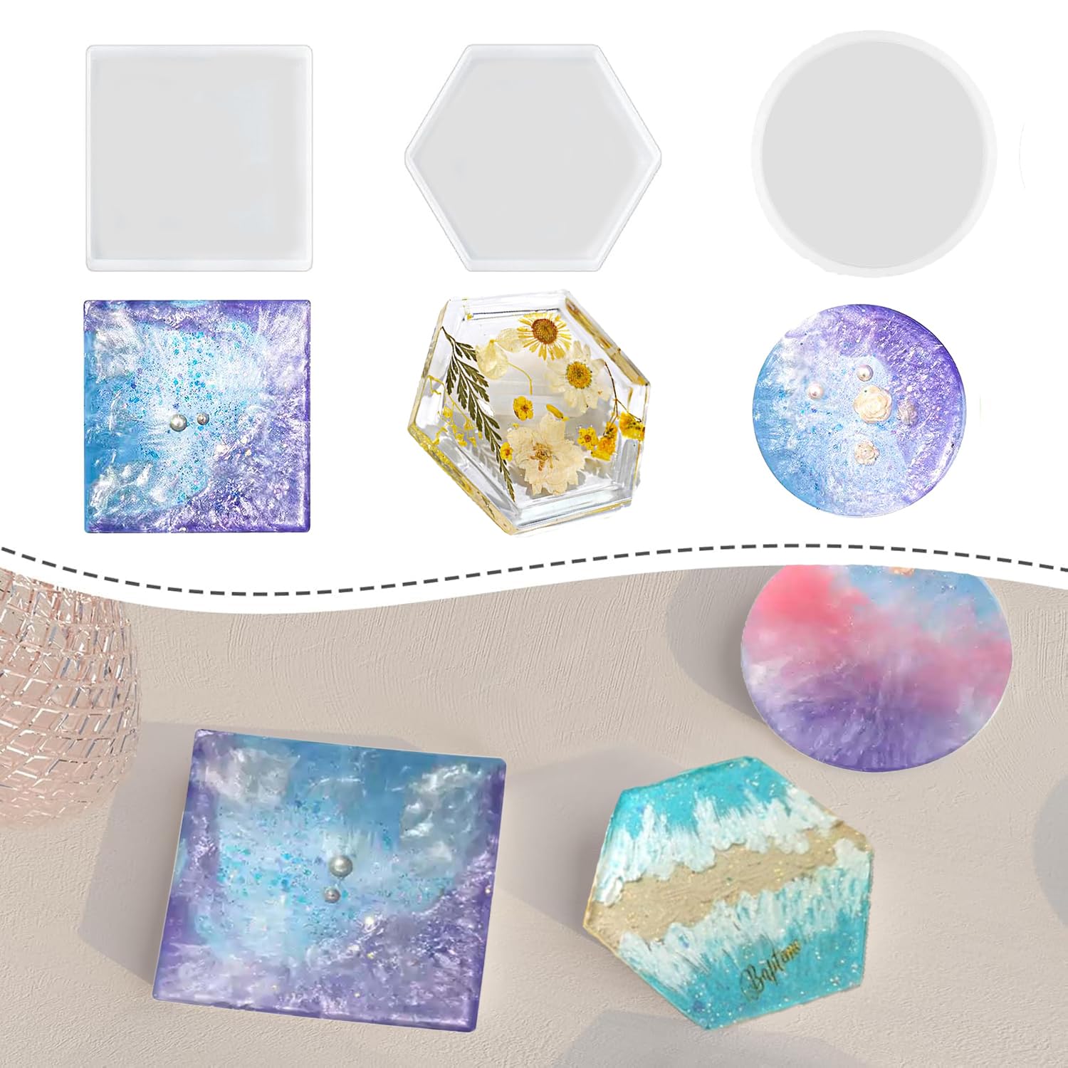 3 PCS Trinket Tray Mould Set, Circular Hexagon Square Coaster Mold for DIY Crafters, Clay Molds for Personalized Ring Dishes, Home Decor Items, 3.5Inch-image-10