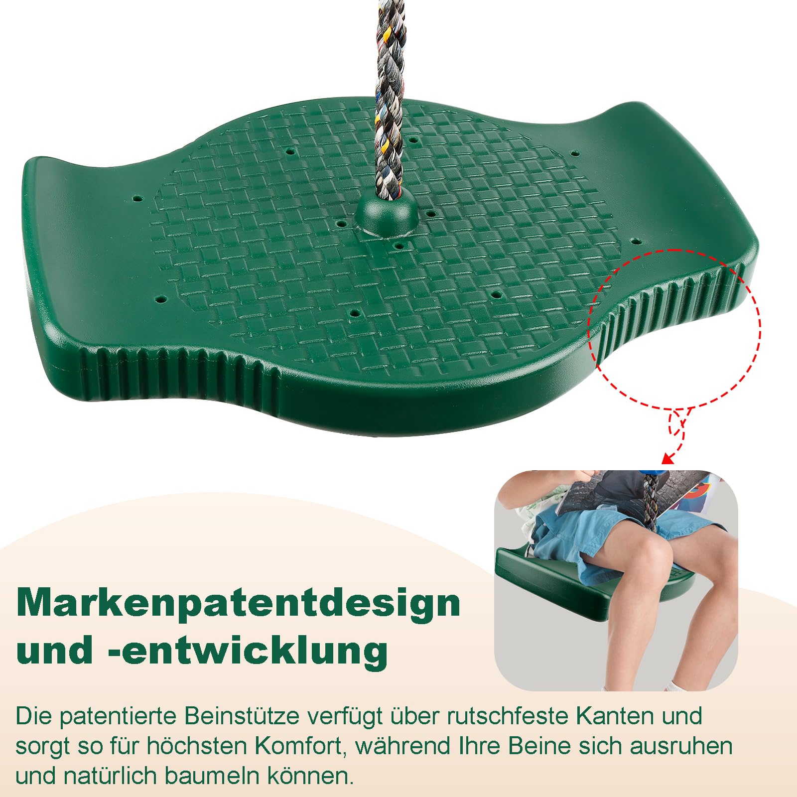 Kletterseil Schaukel Outdoor, Rutschfester Schaukelsitz Set mit 1.9M Langem Verstellbarem Seil, Stehen und Sitzen, 75kg Kletterseilschaukel für Garten, Spielplätze, Kinder & Erwachsene, Grün