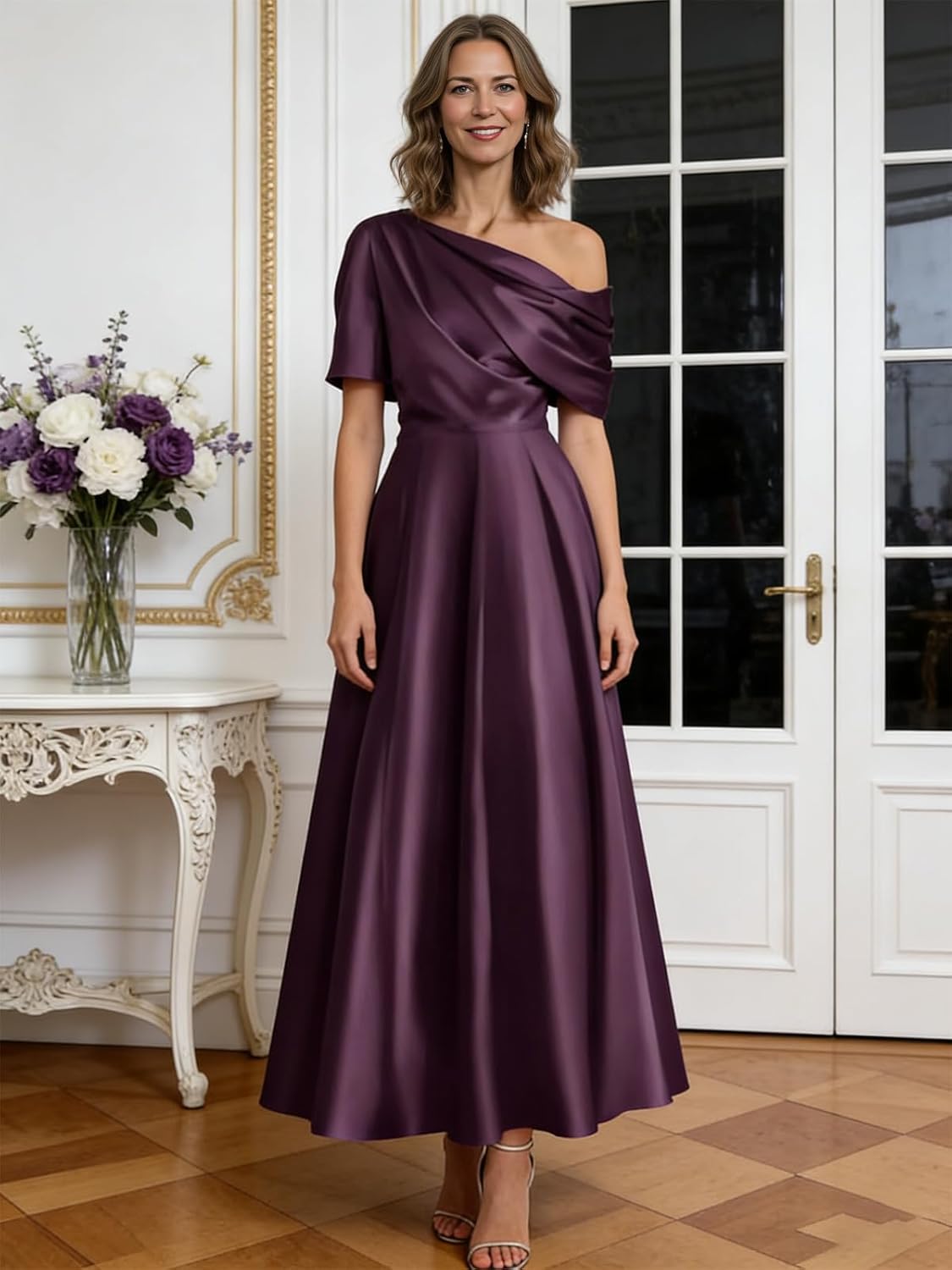 Tea Length Mother of The Bride Dresses for Women - Satin One Shoulder Formal Evening Dress with Pocket - Image 3