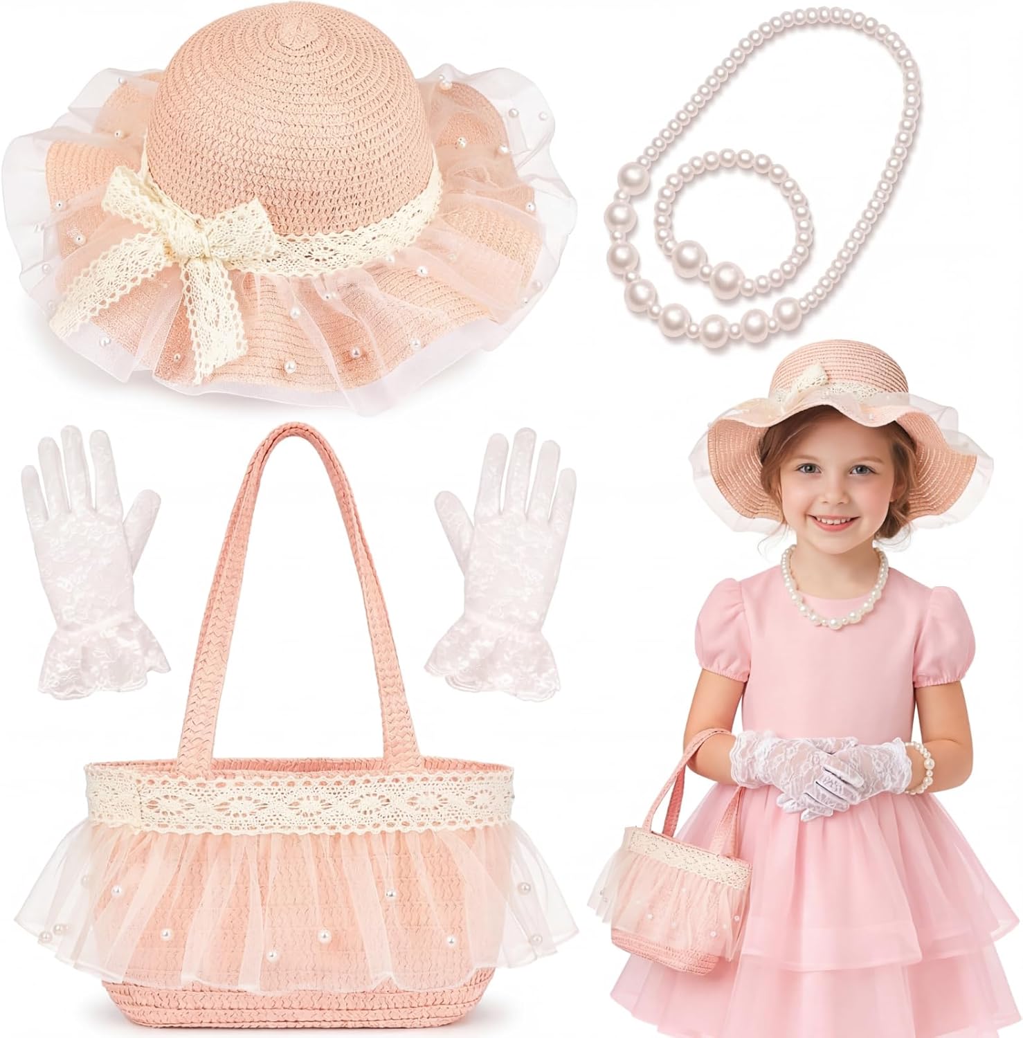 Tradder 5pcs Girls Tea Party Hat Accessories Set Tea Party Straw Hat and Glove Pearl Necklace Handbag Princess Dresses Outfit