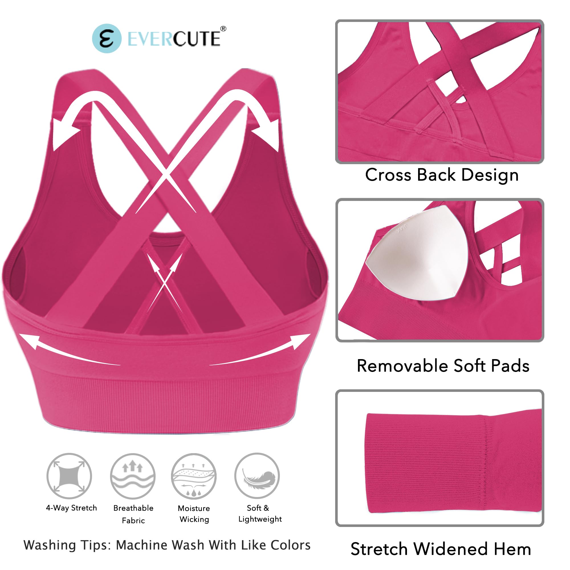 Evercute Soutien-Gorge de Sport rembourré à Bretelles croisées pour Femme, Soutien Moyen, sans Couture, à Fort Impact, pour Yoga, Exercice