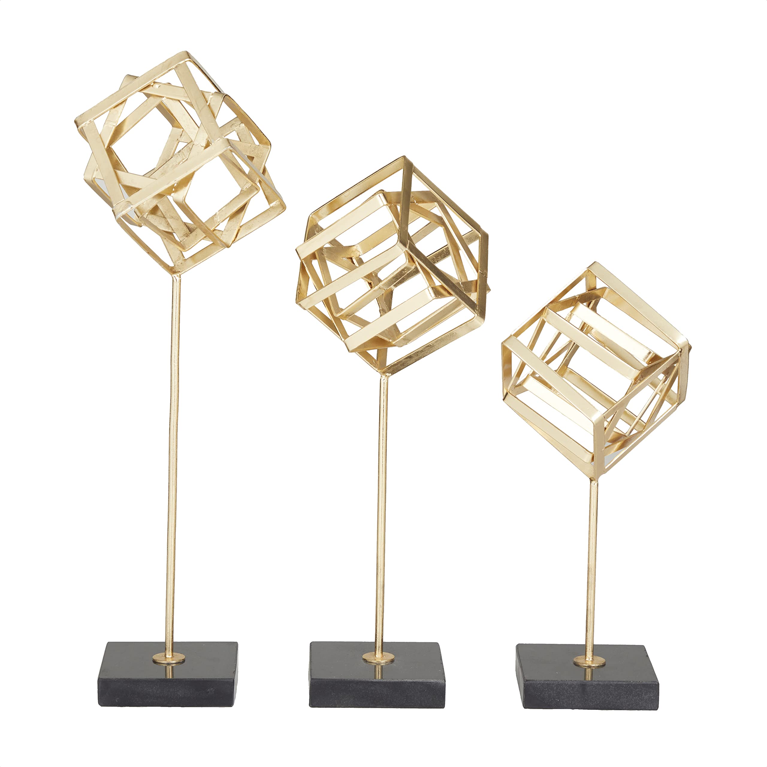 CosmoLiving by Cosmopolitan Marble Geometric Sculpture with Marble Base, Set of 3 19", 16", 13"H, Gold