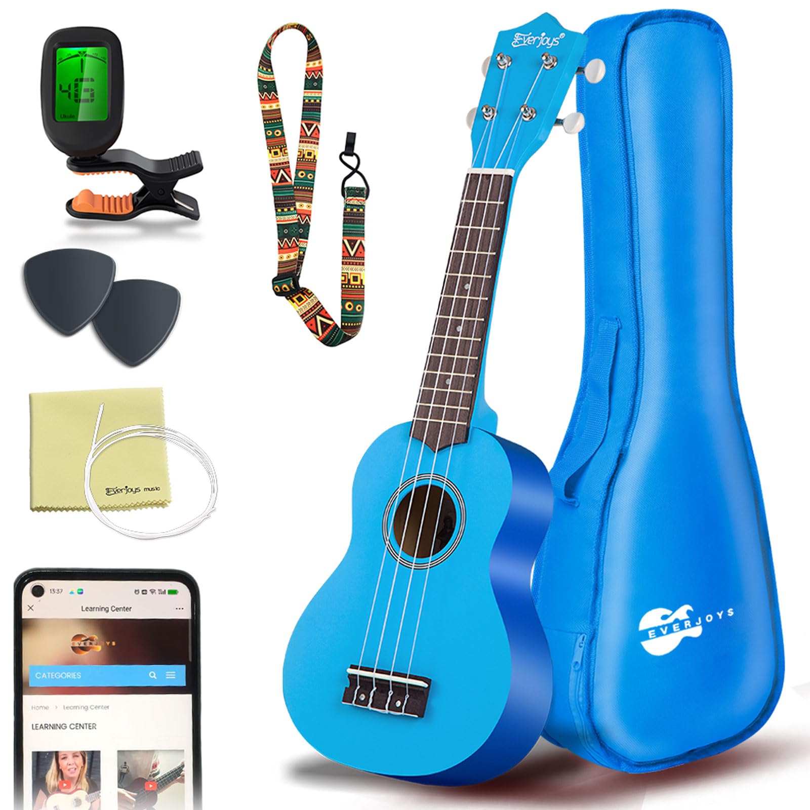 Everjoys Soprano Ukulele Beginner Kit, 21 Inch Ukelele for Kids Adults w/Strap, Tuner, Strings, Songbook, Case, Picks (Blue)