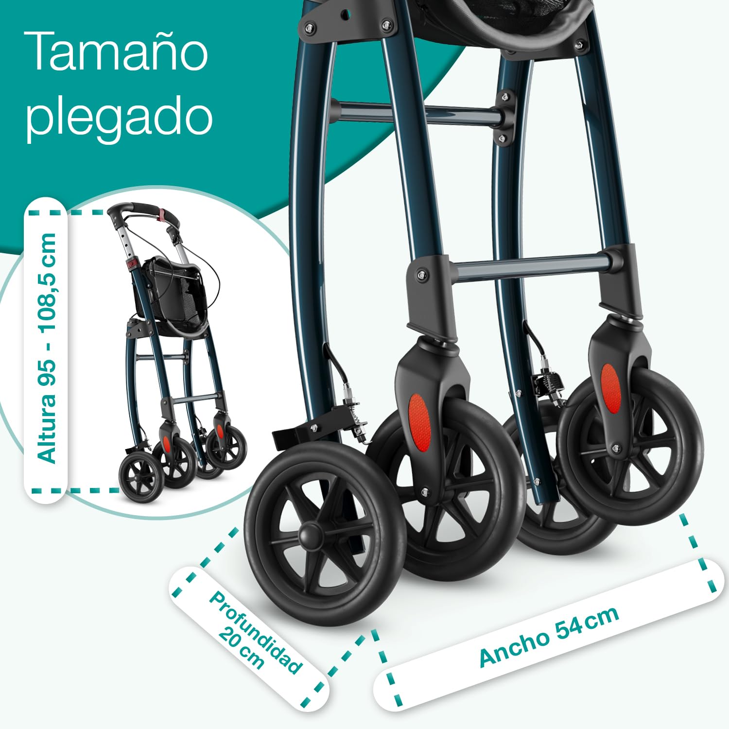 ELONEO Andador para Ancianos con 4 Ruedas - Plegable, Ligero y Compacto, Andador Adulto para Interiores, Ancho 54 cm, Incluye Bandeja y Cesta de Tela, Ayuda a la Movilidad de Aluminio Antracita