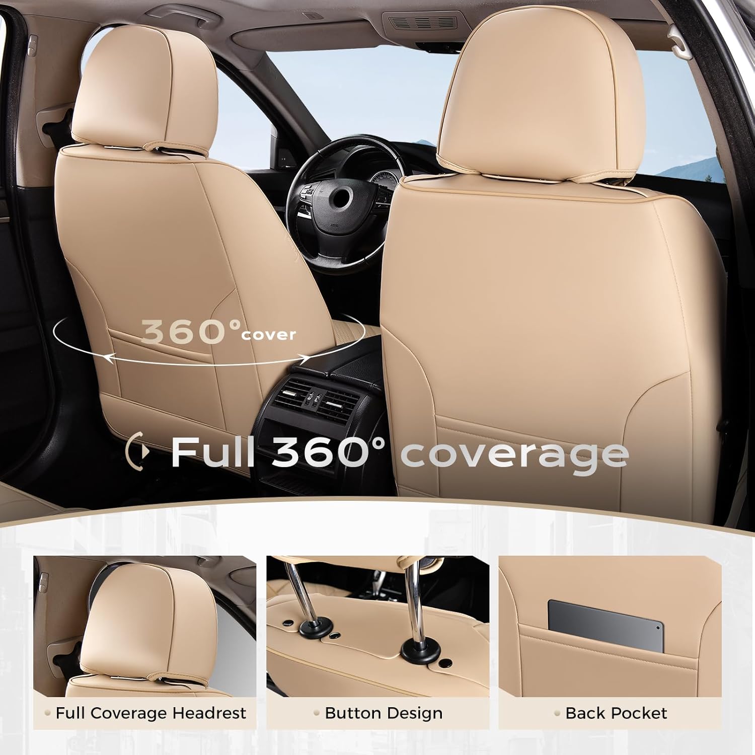 Coverado Car Seat Covers Front Set, Luxury Nappa Leather Seat Covers Universal Fit Waterproof Non-Slip Breathable Automotive Seat Protectors for Cars, SUVs, Trucks