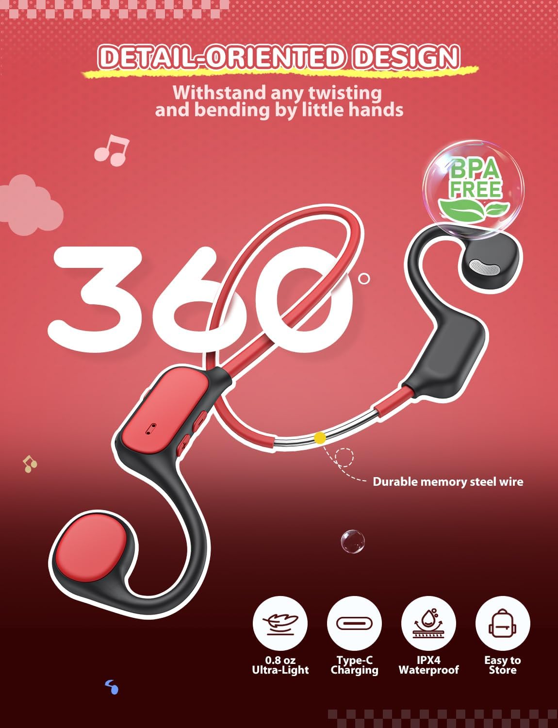 iClever Kids Headphones, Bluetooth 5.4 Air Conduction Open Ear Headphones, Safe Volume 74&85 dBA, Clear Audio, 360° Bending, Ultra-Light Comfortable Kids Bluetooth Headphones for iPad/Outdoor/Sports - Image 3