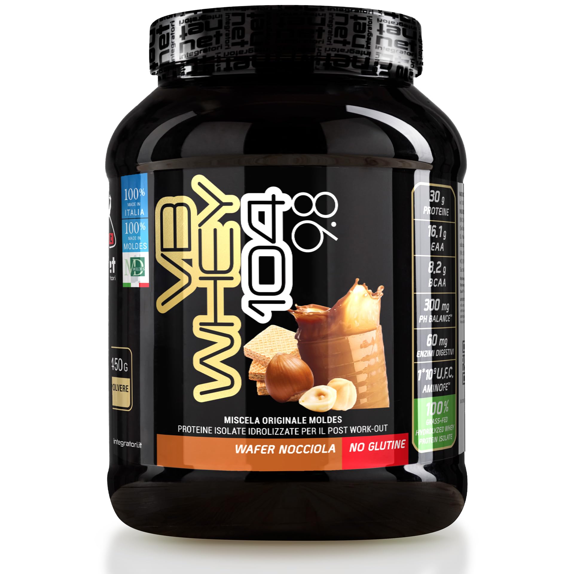 NET Integratori VB WHEY 104 9.8 Optipep - 450g Wafer Nocciola - Proteine Isolate Idrolizzate per via Enzimatica Con EAA e BCAA - Massimizza Sintesi Proteica, Crescita e Mantenimento Muscolare