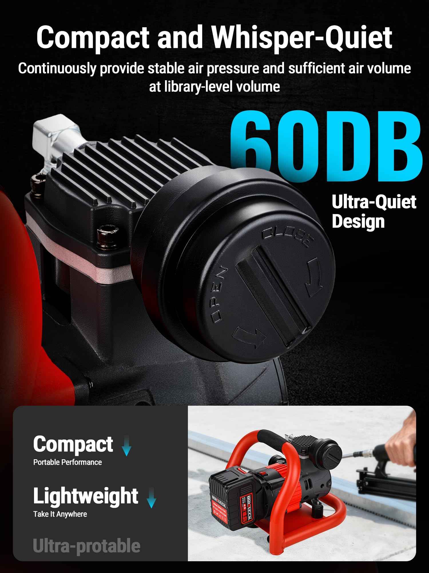 Compressore d'aria senza fili, ultra silenzioso, compatibile con batteria Makita, compressore d'aria portatile senza olio, 18 V, 18,5 V, 21 V, 60 dB, piccolo, leggero, universale per