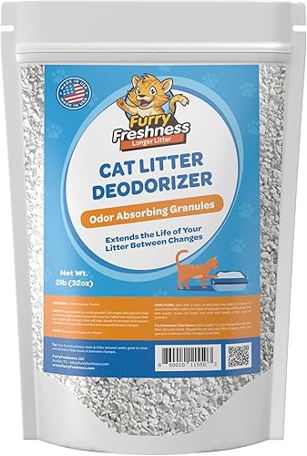 FurryFreshness Desodorizador de arena para gatos y eliminador de olores de caja de arena. Funciona con todas las camadas para aumentar la vida útil