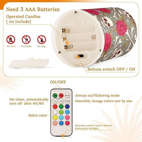 Miniatura 4 de MCHIVER Juego de 2 velas sin llama con temporizador remoto, funciona con pilas, velas eléctricas con diseño de calavera para bodas, Halloween,
