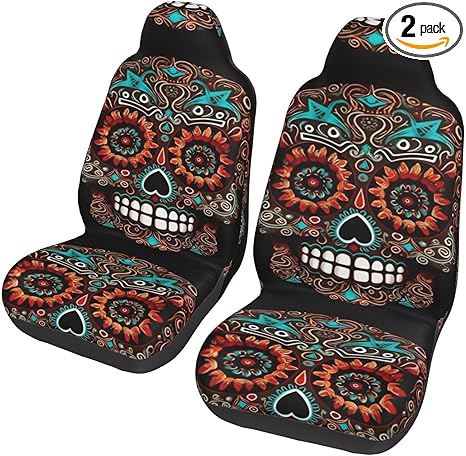 Car Front Seat Covers Set Of 2, Elastic Breathable Car Front Seat Protector Soft Comfy Vehicle Seats Cushion Cover Sugar Skulls Day Of The Dead Car Accessories Universal For Most Suv Sedan Truck