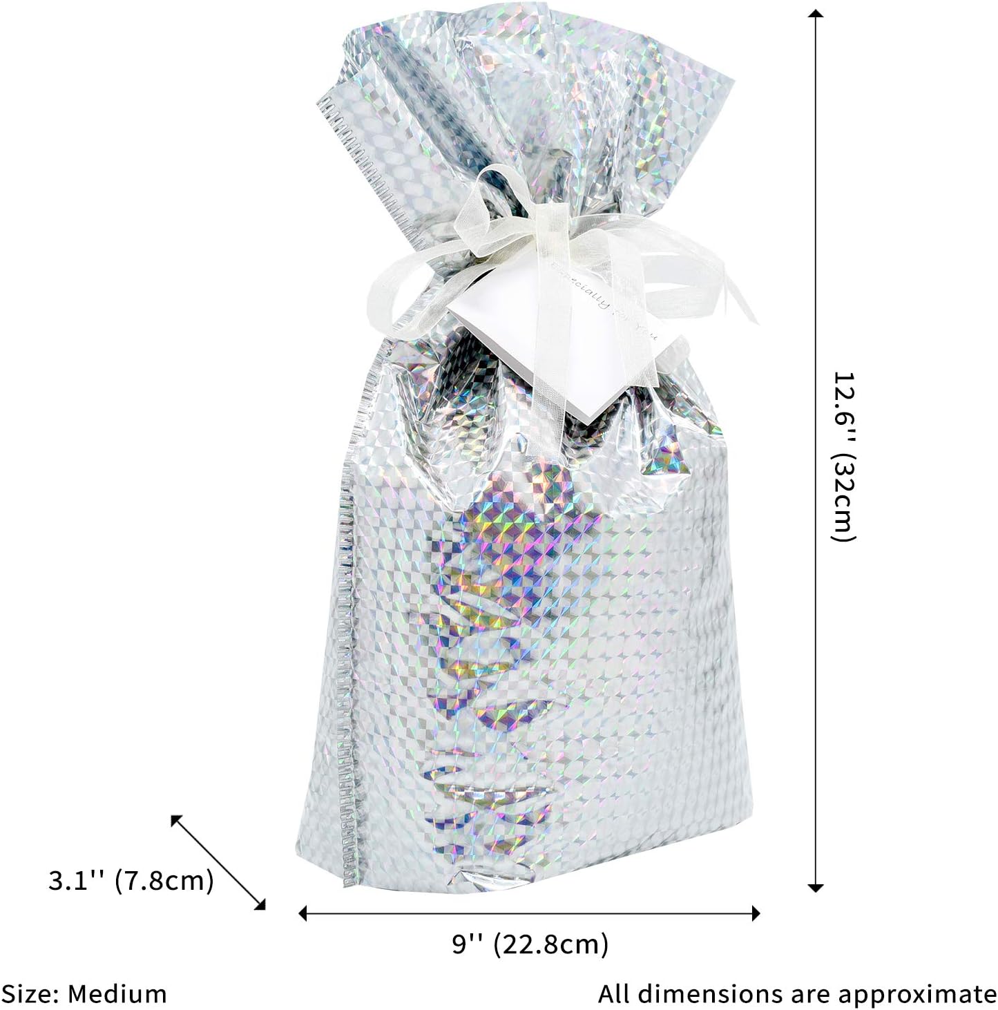 GiftMate Original 30pc Hologram Small/Medium/Large Drawstring Gift Bag Set (15 Gift Bags and 15 Gift Tags)