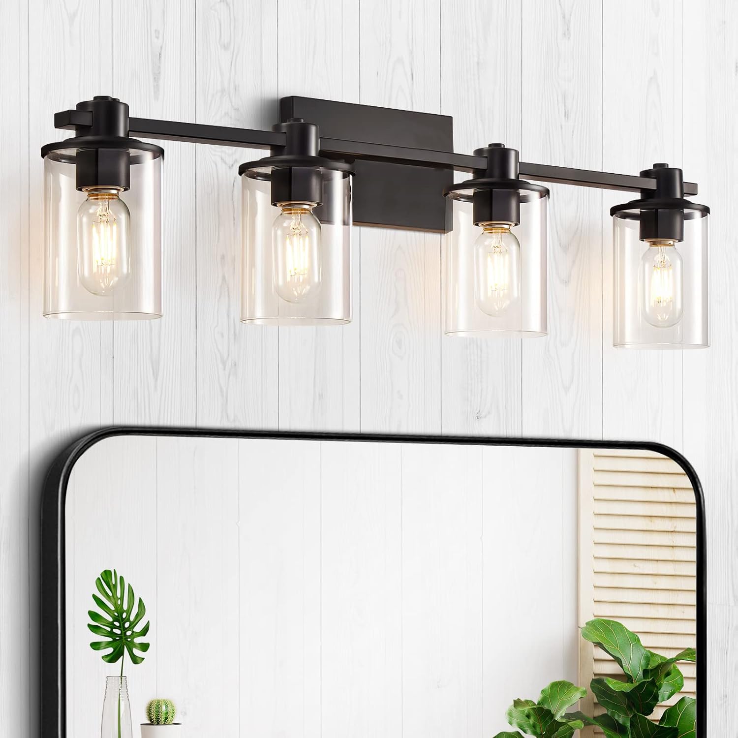 4-Light Modern Vanity Lights,Industrial Matte Black Bathroom Light Fixtures with Clear Glass, Vanity Lights Fixture for Bathroom, Living Room, Mirror, Bedroom,Hallway