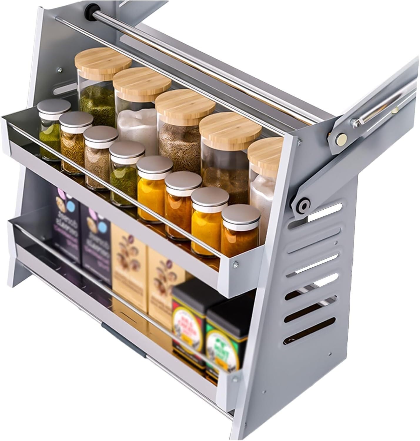 OLSKFUH 2-Tier Pull-Out Cupboard Organiser Pull-Down Shelves Blind Pull-Out Cutlery And Spice Rack System Suitable For Kitchen Utensils Elevated Upper Cupboards,One Color-560x300x580mm