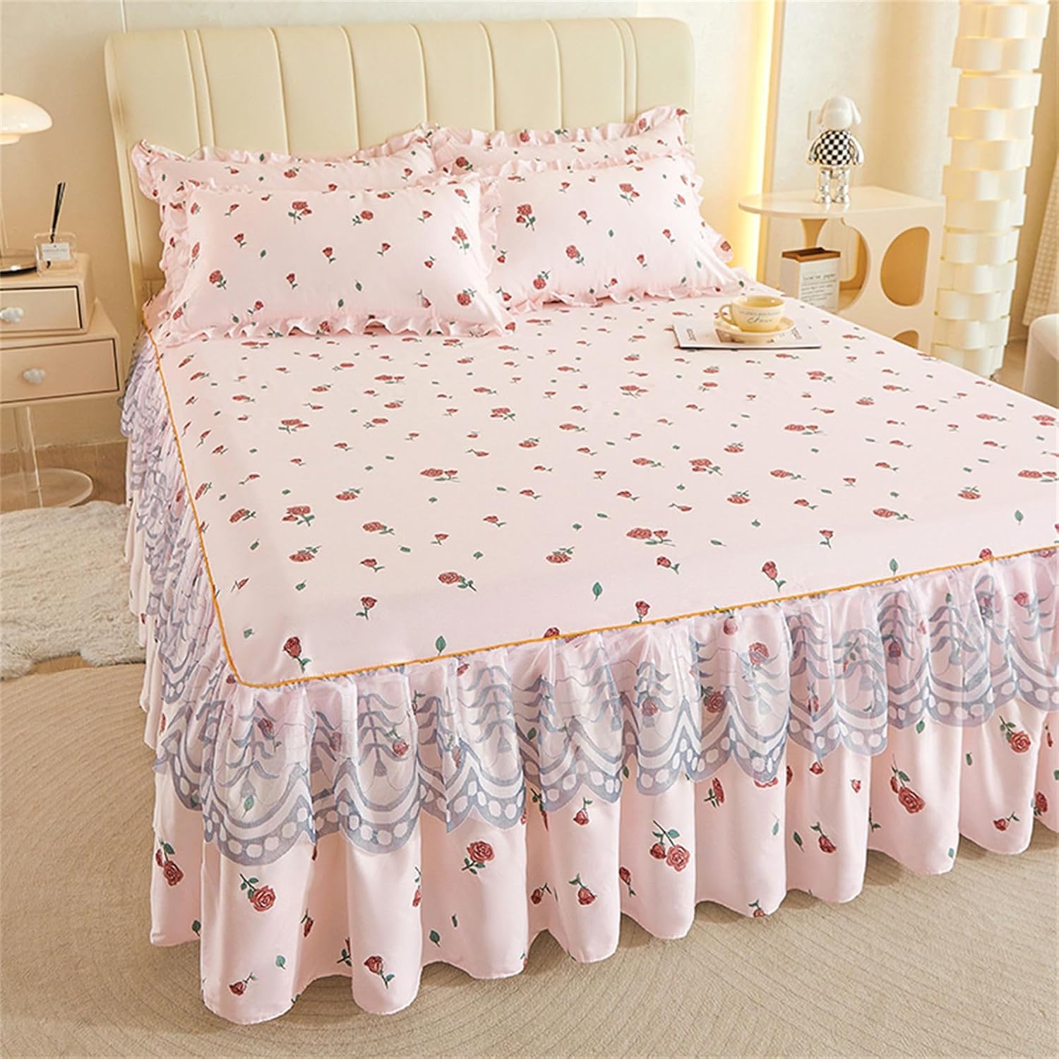 Ensemble jupe de lit et draps imprimé roses 150x200cm