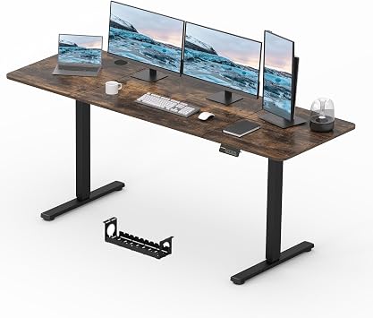 Electric Standing Desk 200x80cm, Height Adjustable Standing Desk with Headphone Hooks, Stand Up Desk Home Office Desk with Memory Function and Child Lock Black Frame+ Brown Desktop