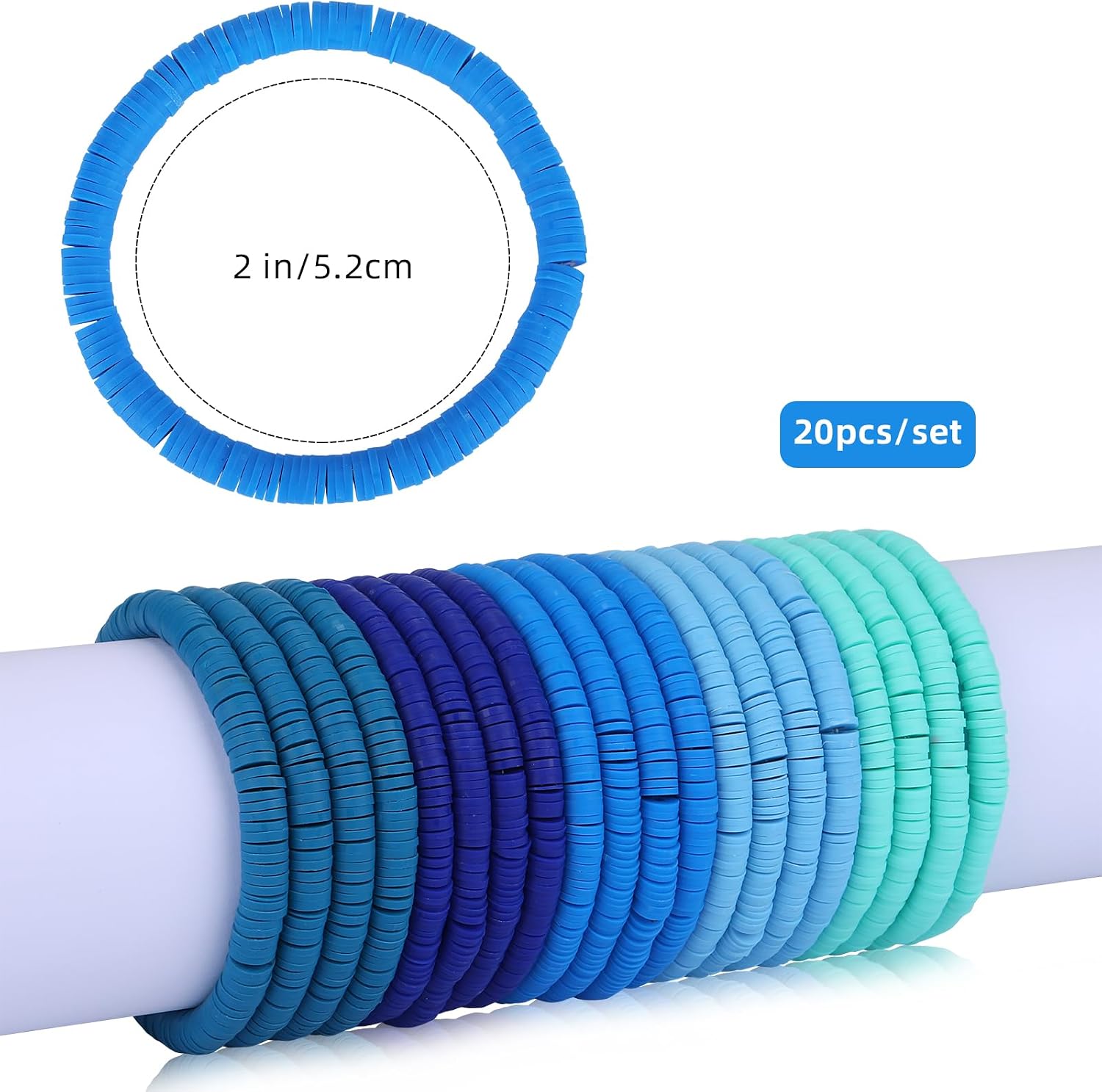 Ornaland 20 Pieces Hei Shi Surfer Bracelets Friendship Bracelets Clay Bead Bracelets Polymer Clay Stretch Bracelet Stackable Bracelet Set Women Summer Beach Jewelry for Women (Blue)