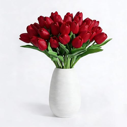 20Pcs Stems 13.5 Inch Bright Red PU Artificial Moisturizing Tulips, Faux Tulips Flowers for Thanksgiving Christmas Decorations Wedding Home Table Vase Floral Arrangements