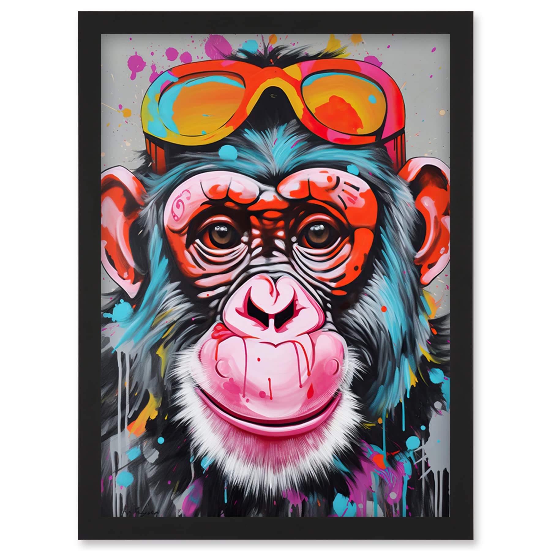 Artery8 Chimpanzee Monkey With Sunglasses Graffiti Pop Art Artwork Framed Wall Art Print A4