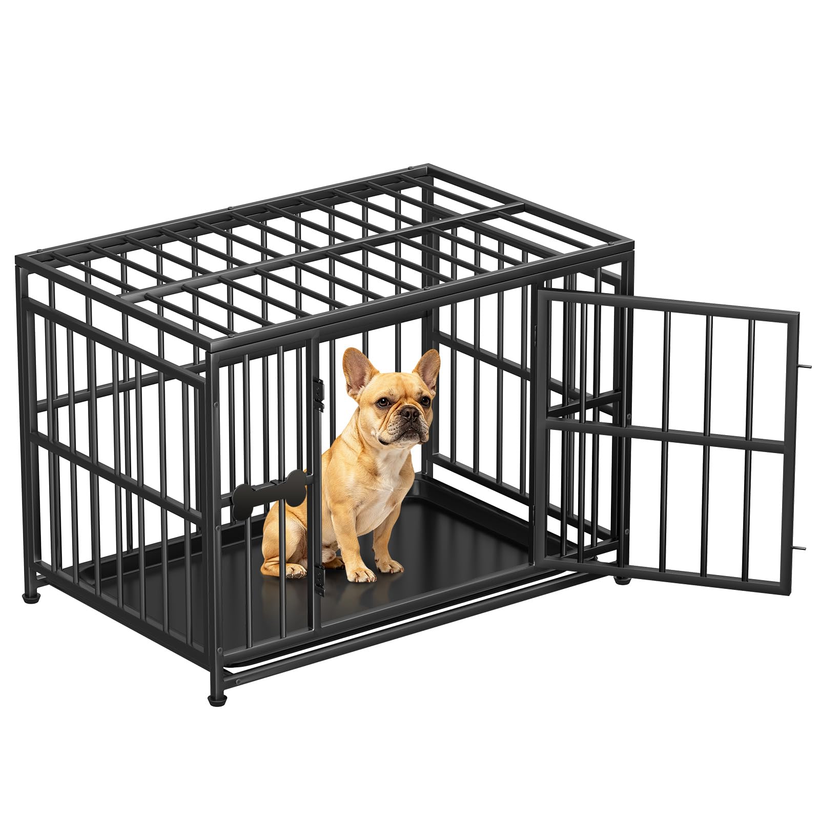 Pawaboo Haustierkäfig hochbelastbar, Hundebox, 95 x 62 x 67 cm | mit herausnehmbarer Bodenschale, leicht zu reinigen, Rostfreier Beschichtung, Gitterbox, schwarz