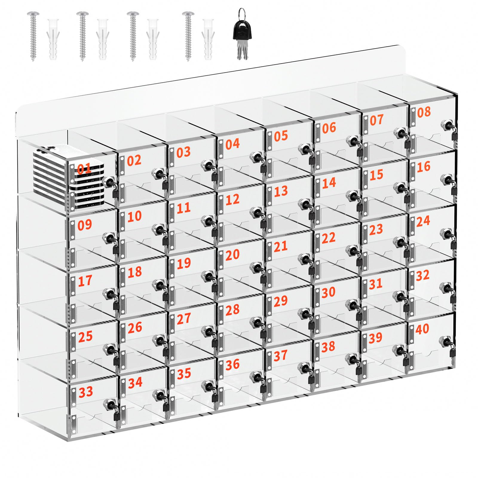 40 Slots Cell Phone Locker, Acrylic Phone Locker with Independent Locks and Keys, Wall-Mounted Phone Jail Storage Cabinet - Durable, Clear, No Assembly Required for School, Office, Gym