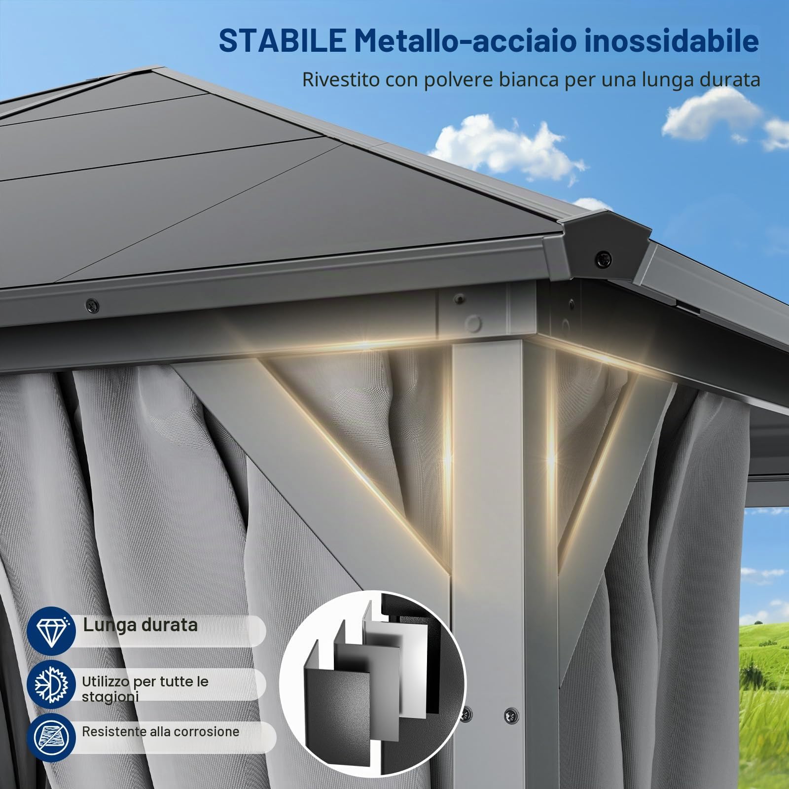 UDPATIO Gazebo da Giardino 3x4 m in Policarbonato, Tetto Singolo con Tende, Gazebo per Esterni Resistente al Vento e UV, Struttura in Alluminio per Giardino, Terrazza, Grigio