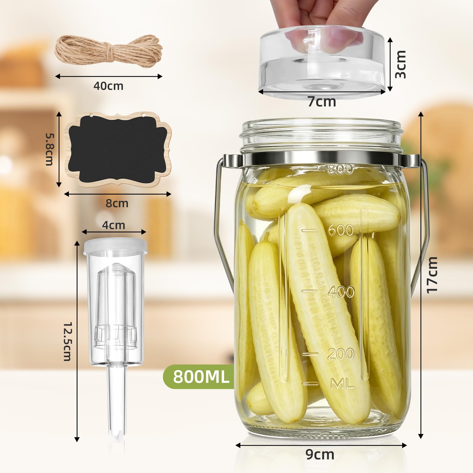 Mittimiya Lot de 2 bocaux de fermentation avec poignée de transport, pots de fermentation avec poids de fermentation, valve de fermentation et étiquettes, pour choucroute, kimchi, kombucha (800 ML)