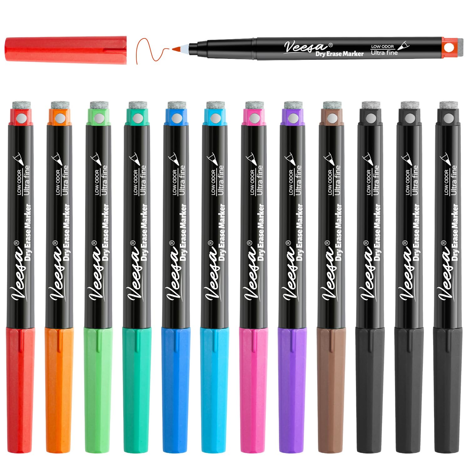 VEESA Whiteboard-Marker, trocken abwischbar, ultrafeine Spitze, 0,7 mm, magnetische Whiteboard-Marker mit Radiergummis, verschiedene Farben, geruchsarm, 12 Stück, Klassenzimmer- und Bürobedarf