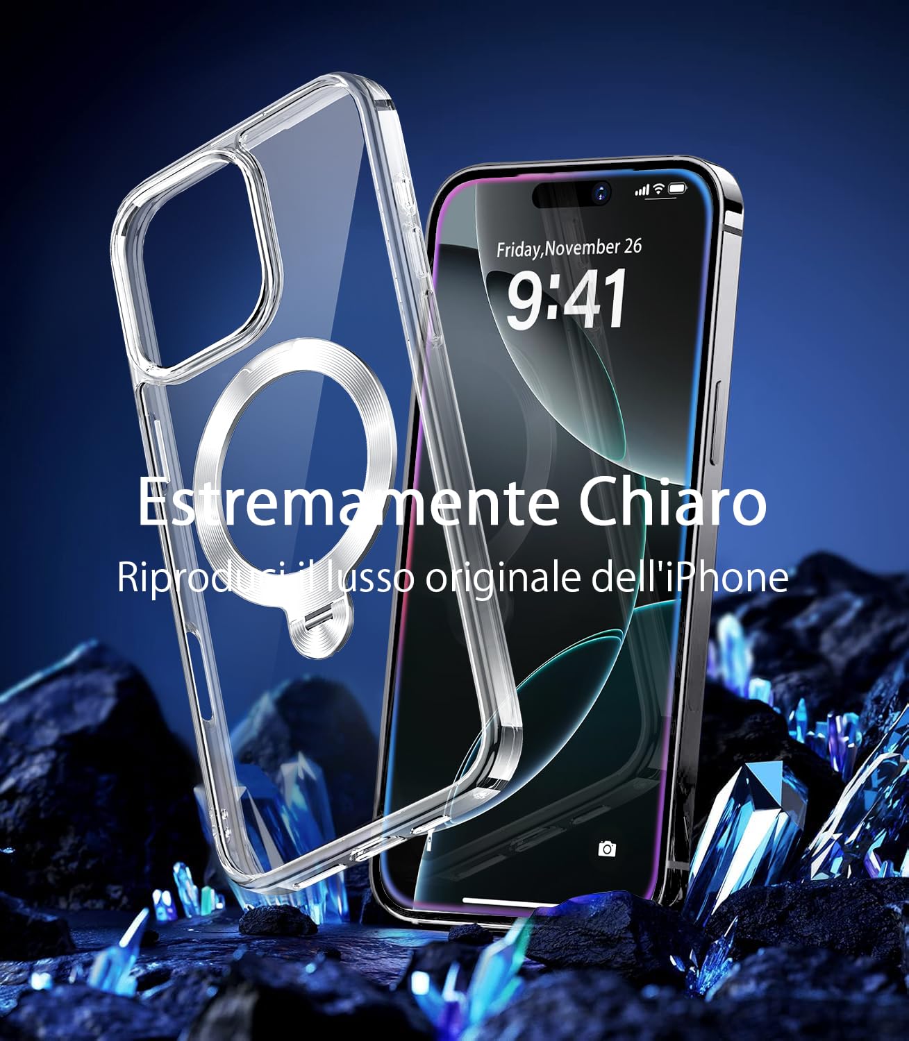 HaloArt 360° Girevole Supporto Magnetica Cover per iPhone 16 Pro Max [Stabile CD Anello Supporto per MagSafe] [N.1 Potenza Magnetica & Protezione Militare] Custodia Antiurto Sottile, Trasparente