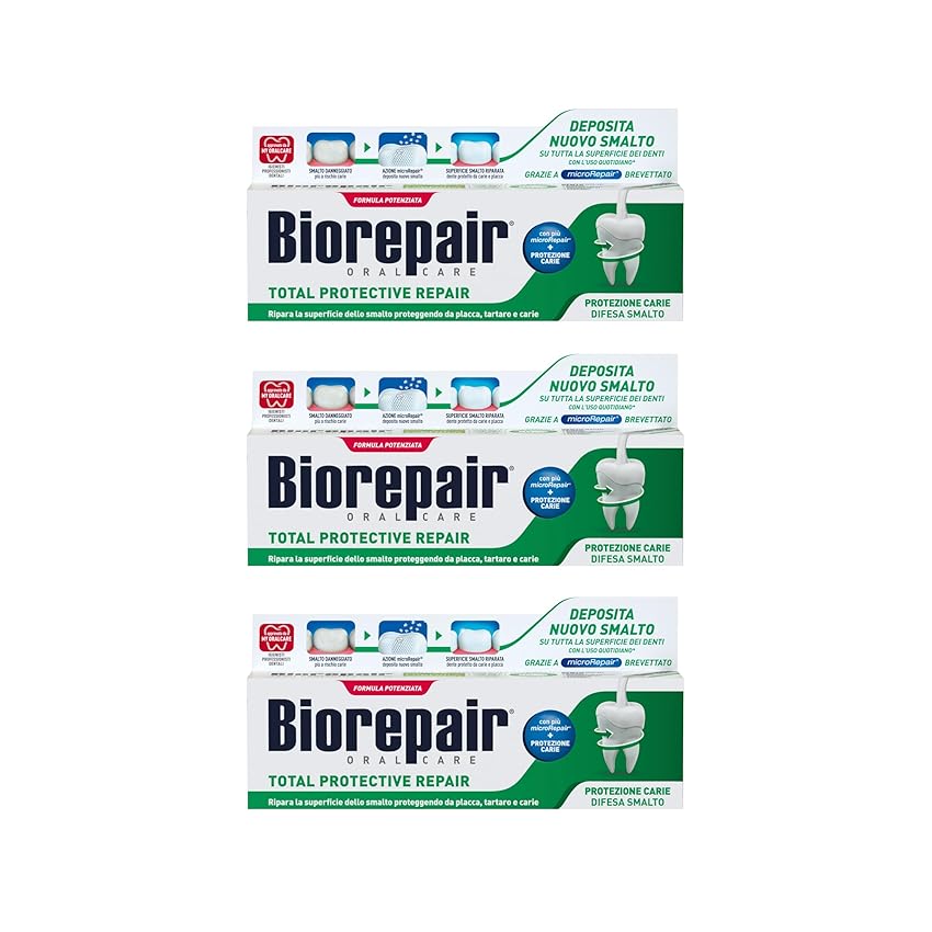 Biorepair, Dentifricio Total Protective Repair, Ripara lo Smalto, Protegge da Placca, Tartaro e Carie, Ripara lo Smalto, Mantiene l'Alito Fresco, Dentifricio Senza Fluoro, 75 ml (Confezione da 3)