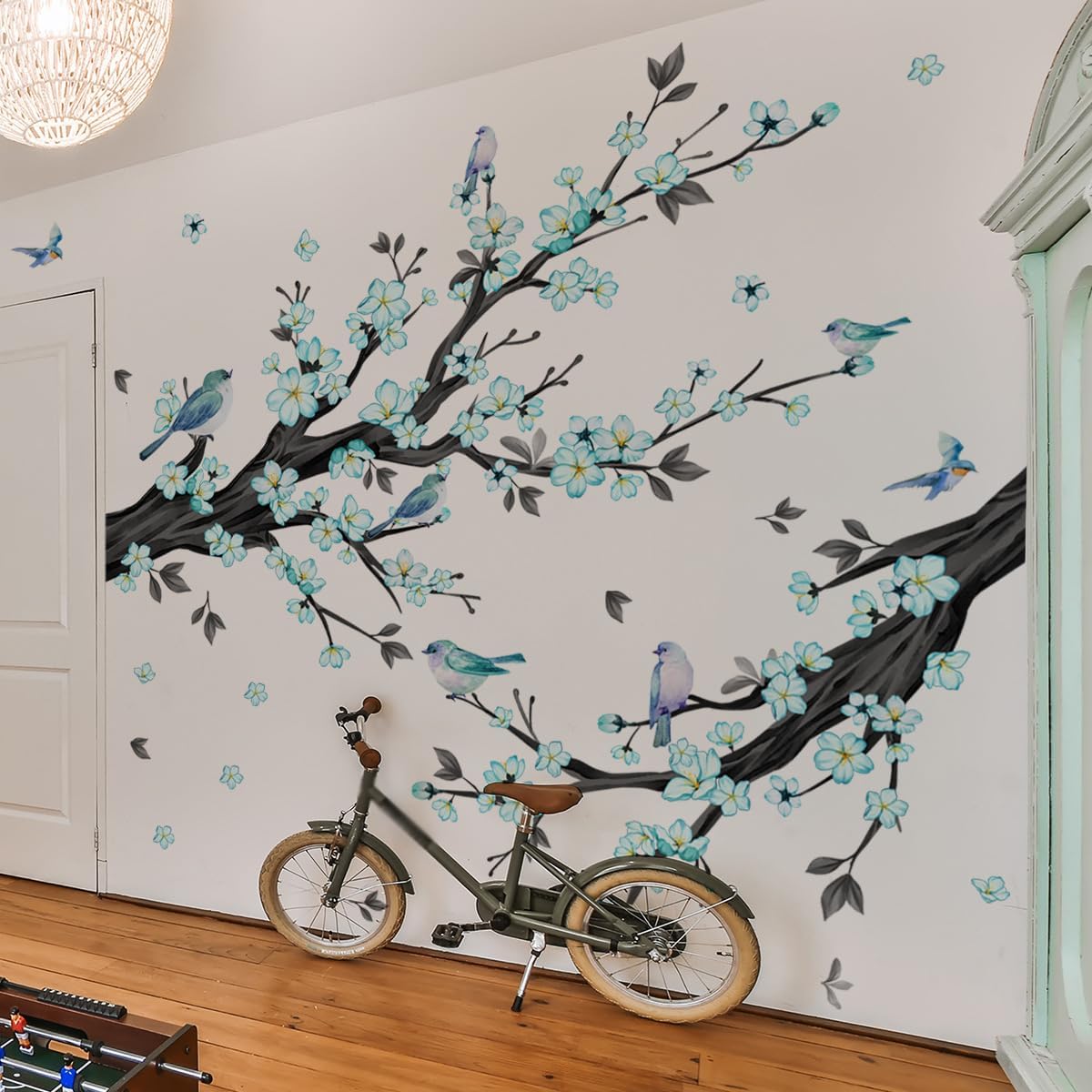 Large Size Blue Flowers Wall Sticker, Spring Tree Branch with Flowers and Birds Wall Decals, Peel and Stick Removable Wall Stickers, 76.37 X 65.35 Inch, 4 Sheets for Living Room Bedroom