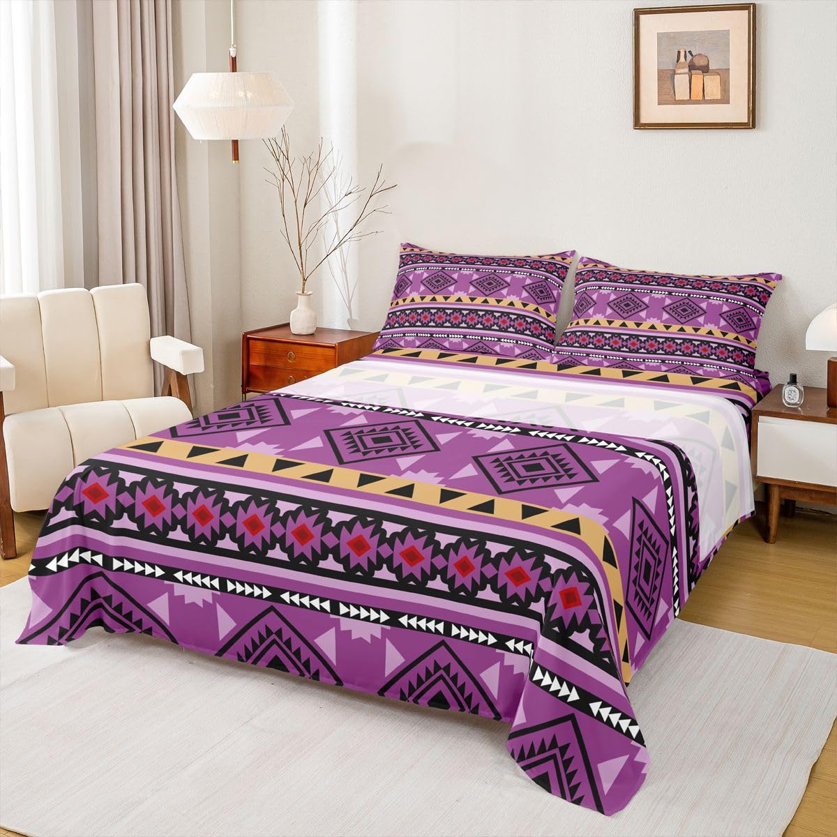 Homewish Fioletowy aztecki zestaw pościeli podwójne azteckie czeskie zachodnie prześcieradła południowo-zachodni rodzimy zestaw prześcieradeł - plemię geometryczny wzór boho dopasowane górne