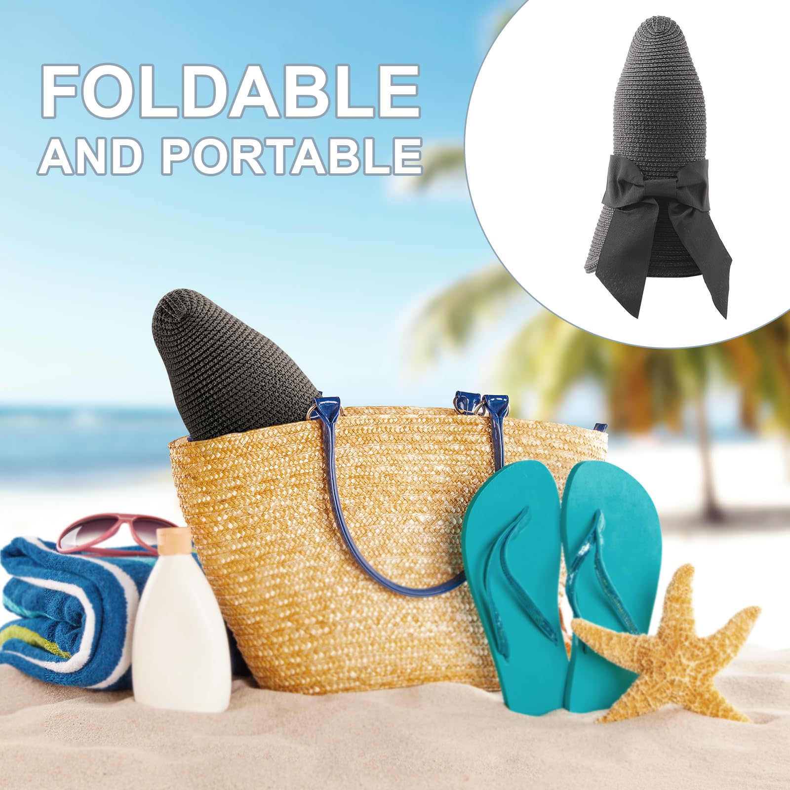 DRESHOW Sombreros de Sol Para Mujeres Sombrero de Sol de Playa Plegable Sombrero de Paja de Ala Ancha con Nudo UPF 50+