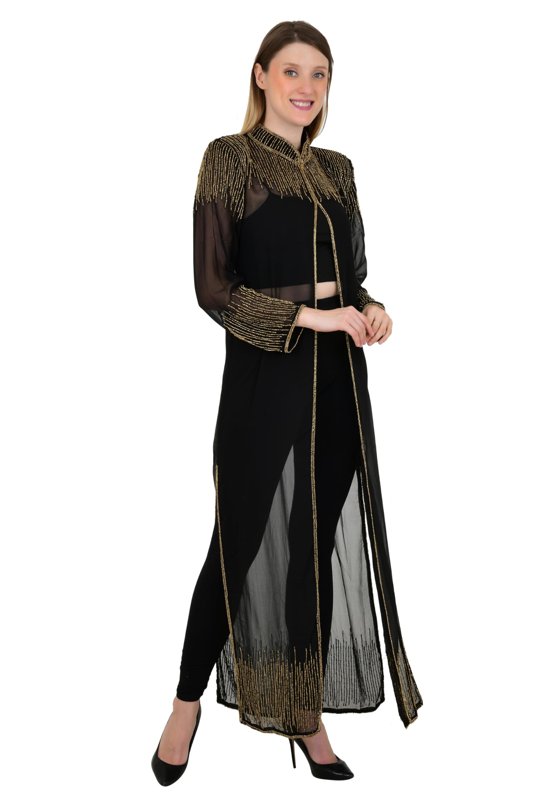3XL Size Elegant Hand-Beaded Gown Dress Style Kimono Style Open Gown 2025 Long Sequin Dress Saree & Suit Cover-Up for Wedding Reception Style Wear Up Black Color 56 inches-picture-20