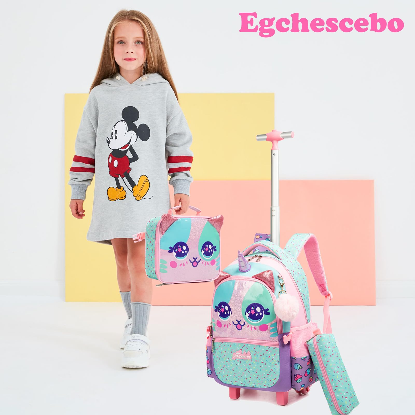 Mochilas Escolares con Animales Ruedas Carro Niña 17" 3PCS Mochila Carrito para Trolley Escolar Bolso de Viaje Estuche Stitch Mujer Maleta Colegio Grande Medianas Infantil Niñas Rosa