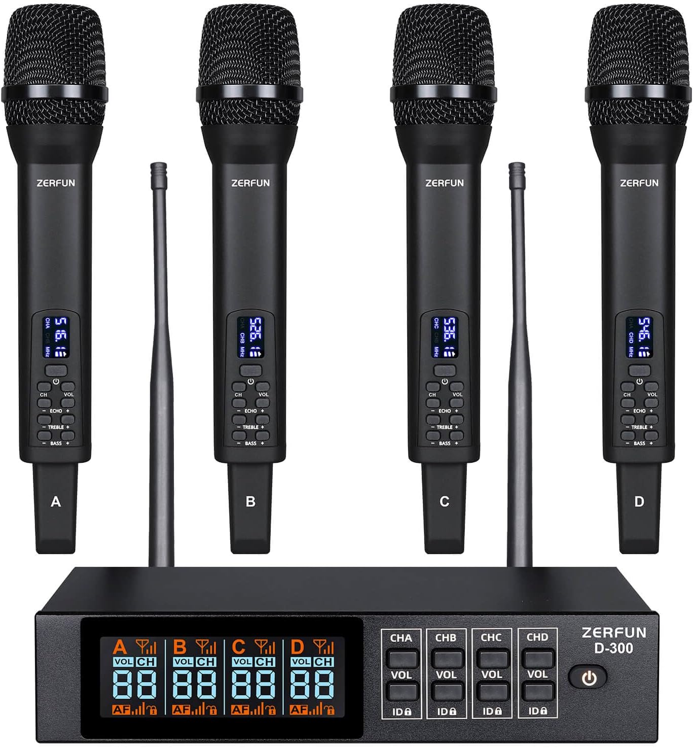Rechargeable Wireless Microphone System 4 Channel Pro, UHF Handheld Cordless Mics with VOL Echo Treble BASS Control, LCD Display, Frequency Lock, XLR, 1/4, 1/8 Output, D-300, Black