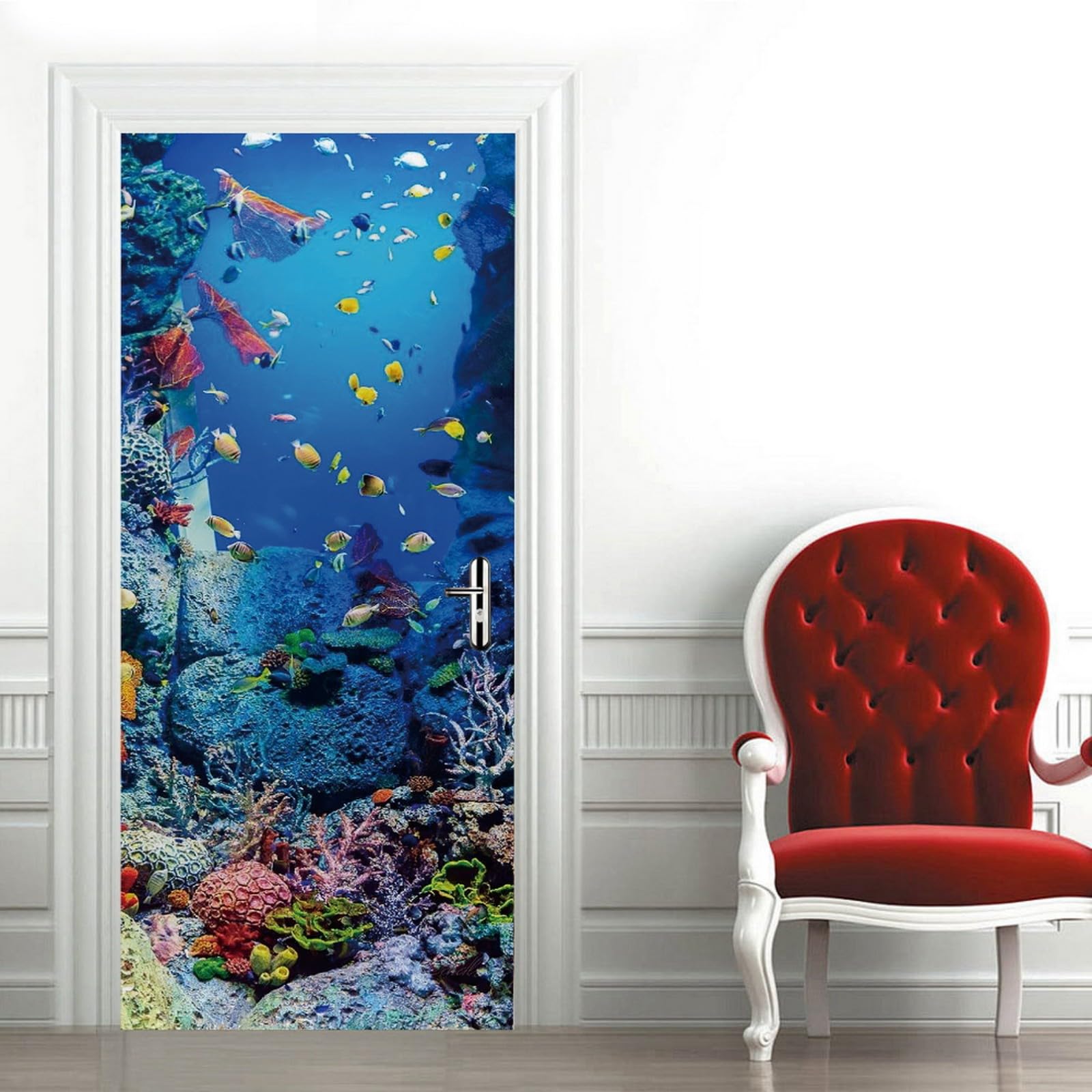 A.Monamour Adesivo Porta Autoadesiva 3D Barriera Corallina Di Pesci Sottomarini Sotto Il Tema Nautico Del Mare Vinile PVC Adesivi per Porte Interne Pellicola Adesiva Poster Murale Parete 85x200cm