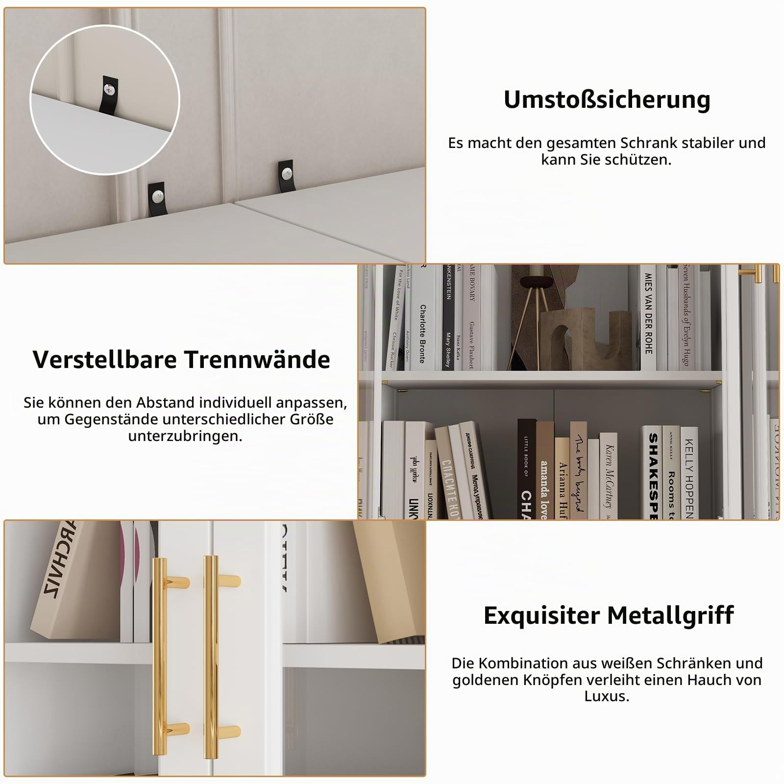 VOWNER Bücherregal mit Glastüren Vitrine, Küchenschrank, Buffetschrank Weiß