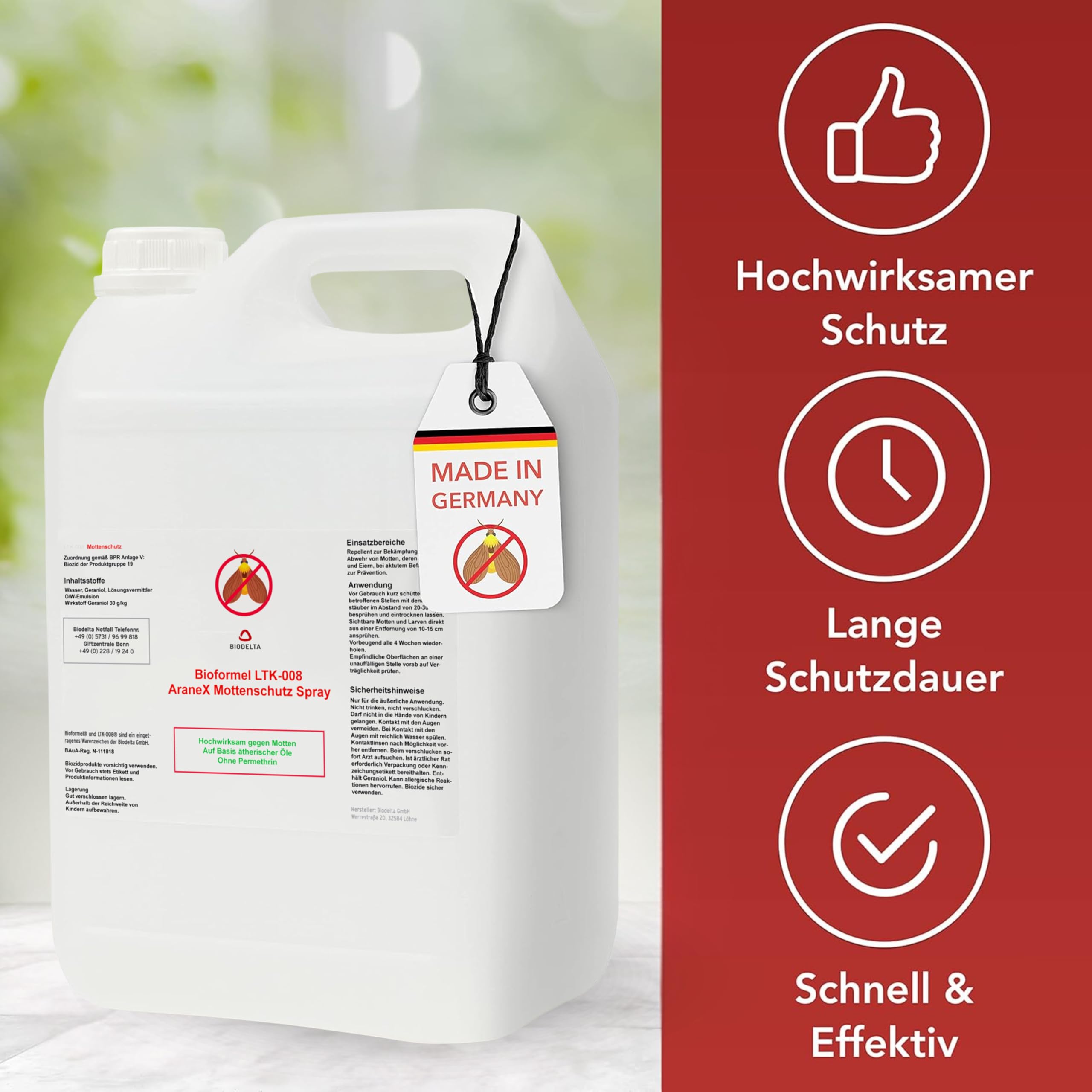 BIODELTA Mottenspray 5 l - Mottenabwehr für den Kleiderschrank | Mottenschutz für Kleiderschrank und Textilien - mit Langzeitwirkung - für den Innenbereich