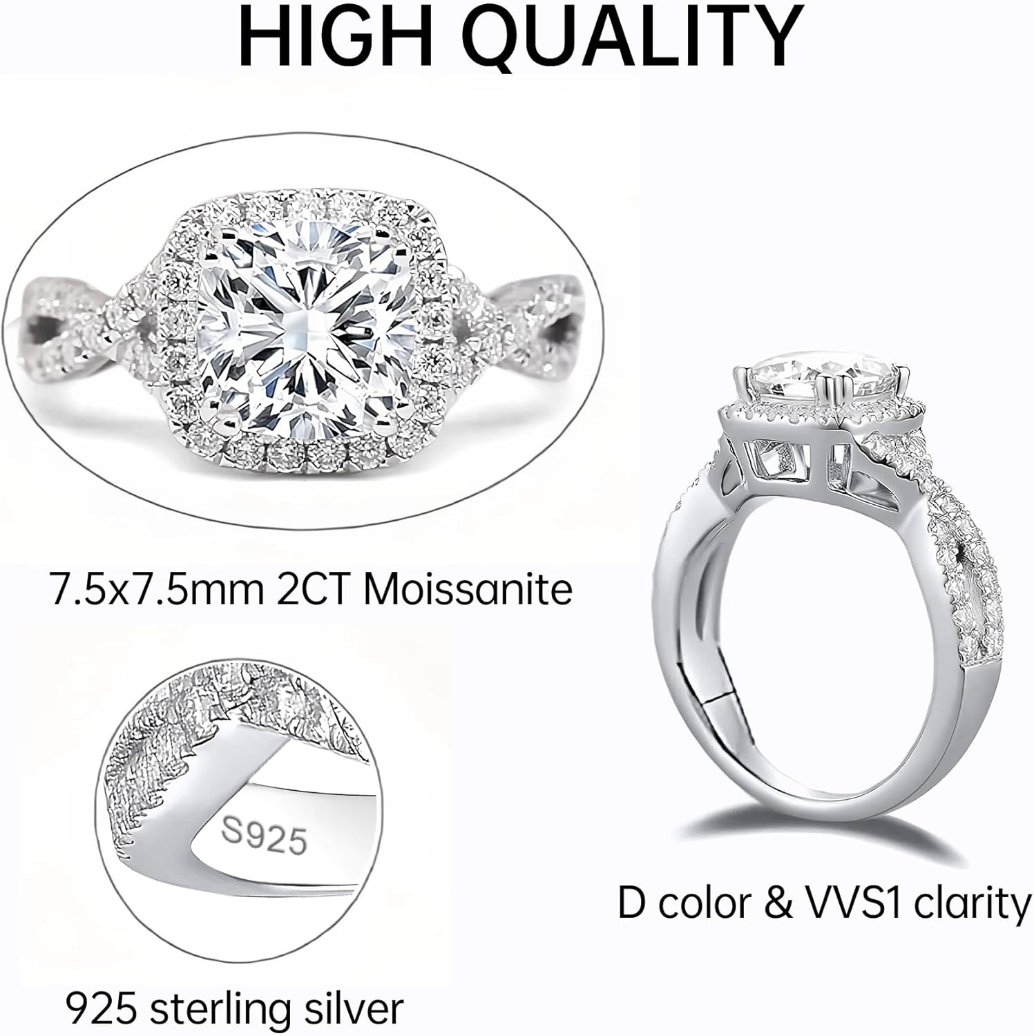 Moissanite Engagement Rings for Women, Moissanite Halo Rings for Women S925 Sterling Silver with 18K White Gold Plated